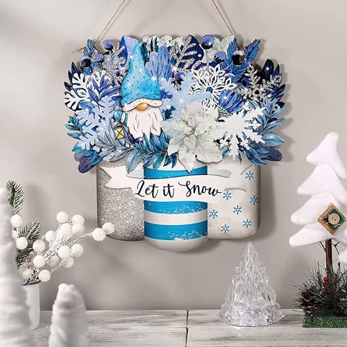Image of ANGEL INFINITE inchLet It Snow inch Wooden Wall Hanging Decor | Blue Winter Gnomes & Snowflake Decorative Sign | Rustic Christmas Holiday Plaque for Home, Living Room & Entrance (30x30 cm)