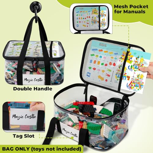 SIYNPAV 6 Pack Clear Toy Storage Bags for Lego with Tag Slot& Manual Pocket, Waterproof Transparent PVC Toy Organizer Case for Lego Bricks, Board Games, Building Blocks, Puzzles (Double Handle, Black)
