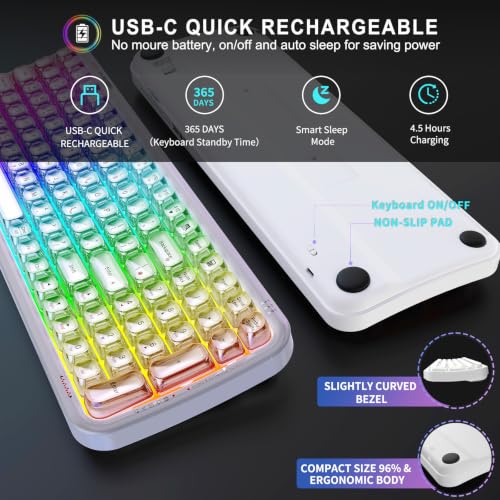 Image of FOPETT Wireless Computer Keyboard with RGB Backlit, Tri-Mode Bluetooth 5.0 /USB-C /2.4GHz Ergonomic Gaming Keyboard - Full-Size Rechargeable Transparent Keycap for Laptop /Windows /PC - White