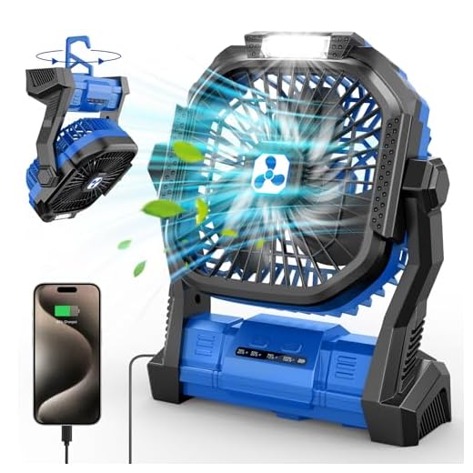 Ventilador Portátil de 20000 mAh, Ventilador USB con Linterna LED, Ventilador de Mesa con Batería y Puerto Type-C, Ventilador Recargable Perfecto para el Camping, los Viajes y la Playa Azul