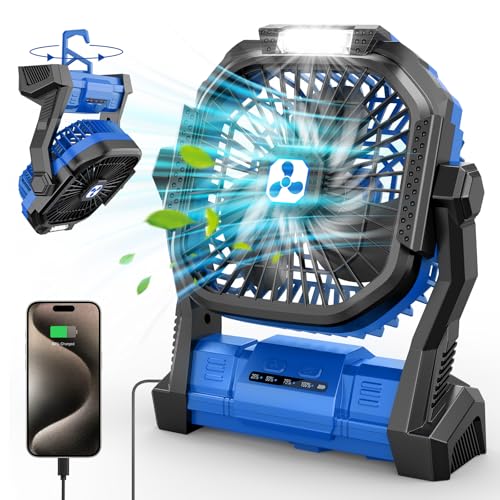 PDBEST Ventilador Portátil de 20000 mAh, Ventilador USB con Linterna LED, Ventilador de Mesa con Batería y Puerto Type-C, Ventilador Recargable Perfecto para el Camping, los Viajes y la Playa Azul