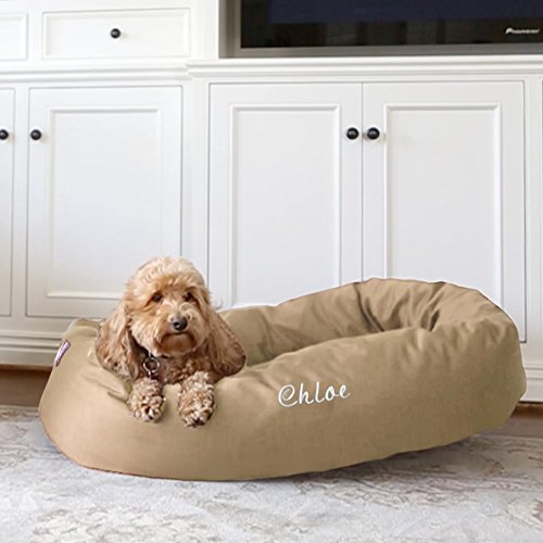 Image of Majestic Pet Personalized Calming Dog Bed - 32 Inch Bagel Washable Cozy Soft Round With Spine Support - Fluffy Donut 32x23x7 (Inch) Medium Khaki