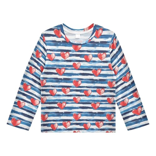 Blue Striped Heart Pattern Boys Rash Guard Swim Shirts Long Sleeve UPF 50+ Quick Dry Sun Protection Shirt Swimwear Surf Tops for Toddler Kid Girl Fishing Swimming Outdoor 4T