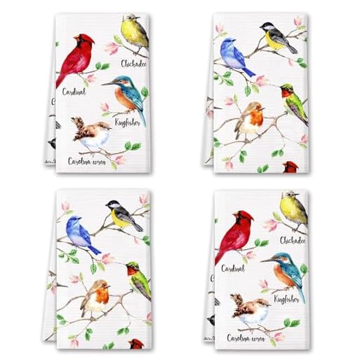 Vansolinne Birds Kitchen Towels Birds On Branch Dish Towels Set of 4 Cardinal Hummingbird Bluejay Summer Absorbent Hand Towels Tea Towels Gifts for Bird Lovers Women for Cleaning Drying Cooking Baking