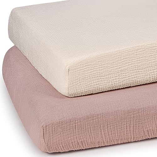 Image of lulumoon Mini Crib Sheets Muslin: Pack and Play Sheets for Boys and Girls - Cotton Fitted Crib Sheet for Pack N Play Mattress and Playard 2Pack 24"x38"
