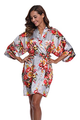 Women's Bridesmaid Robe Short Floral Wedding Kimono Robe Satin Floral Kimono Bathrobe for Bridal Wedding Party Sliver L - Thumbnail 2