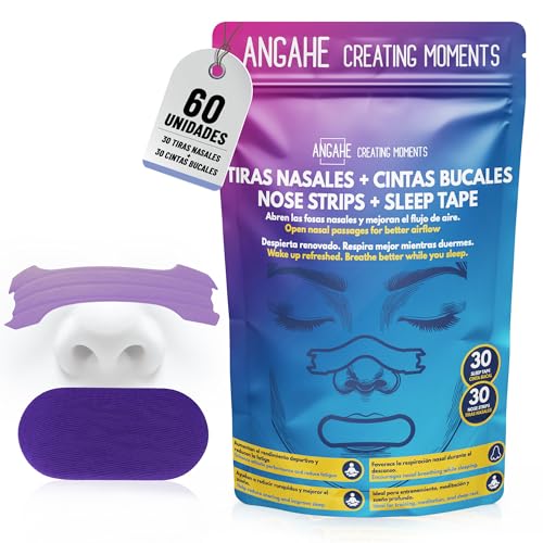 ANGAHE creating moments | 30 Tiras Nasales+30 Cintas Bucales para Dormir mejor. Tiras Nasales para Respirar Mejor y Cintas Bucales Antironquidos - Pack Completo para Sueño Profundo y Energía Diaria.