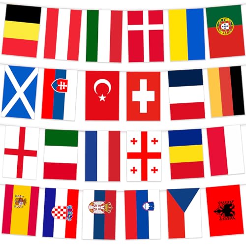Wentsent 24 Länder Fahnen Wimpelkette, 24 Länder Beidseitig Stoff Euro Flaggenkette, Olympia Deko Wimpel Girlande Banner für Europa Damen Fußball EM Eurovision 2025 WM Olympische Bar Party Dekoration
