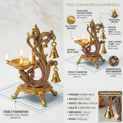 Image of Saudeep India Oxidized Metal Diya for Puja | Diwali Oil Lamp Peacock Design Perfect Gift | Antique Akhand Deepak Home Decor 14x9x20cm (Pack of 1 Diya with Bro Rakhi)