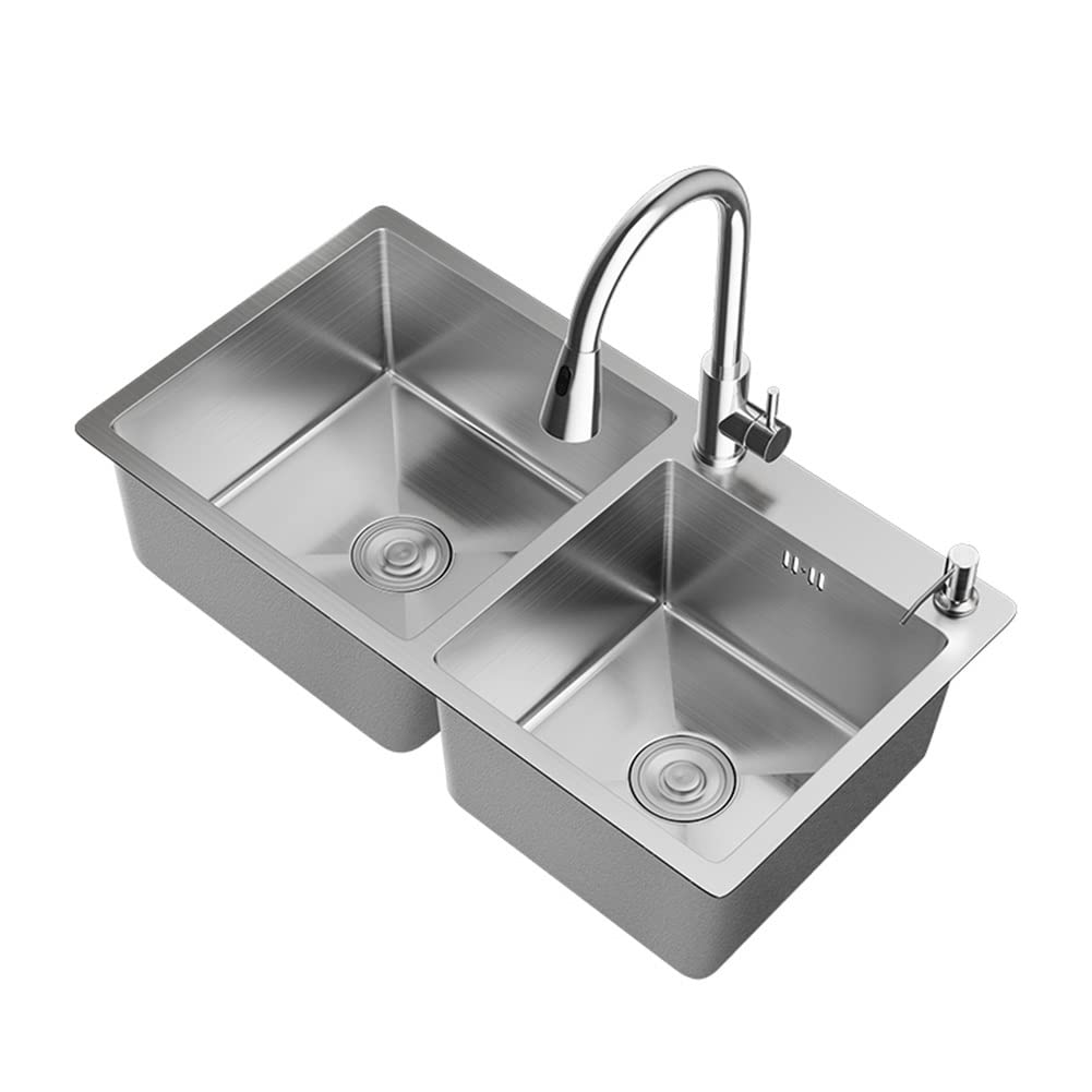 Doppia Ciotola Lavello da Cucina, Lavandino Vegetale Topmount/Dropin Addensato in Finitura in Acciaio Inossidabile Spazzolato con Rubinetto, Cesto Di Scarico, Distributore Di Sapone , ATAAY , Silverd