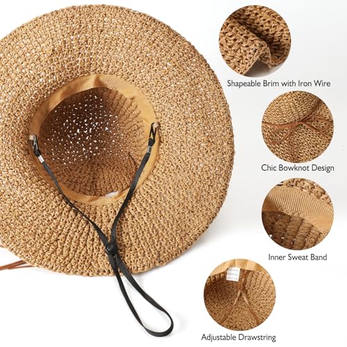 Image of Beach Sun Straw Hats for Women, Floppy Wide Brim Summer Straw Hats, Foldable Packable Roll up Cap