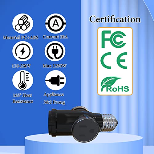 2 Pcs Luntak 3 Prong Light Socket To Plug Adapter, E26 Light Socket Outlet Outdoor, Light Bulb To 2/3 Prong Outlet Socket Splitter Converter Heat-Resistant For Porch Patio Garage Utility Rooms (Black) #TOP3