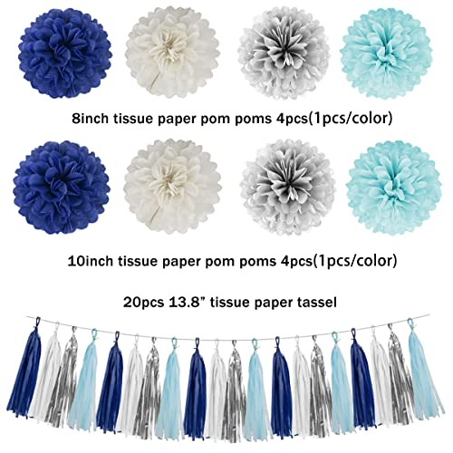 Image of Teal Silver White Navy-Blue Party-Decorations - 30pcs Tissue Paper Flowers Pom Poms Tassel Garland Pennant Banner Flag Streamers Birthday Decorations Boy Men Christmas Baby Shower Winter Hanging Decor