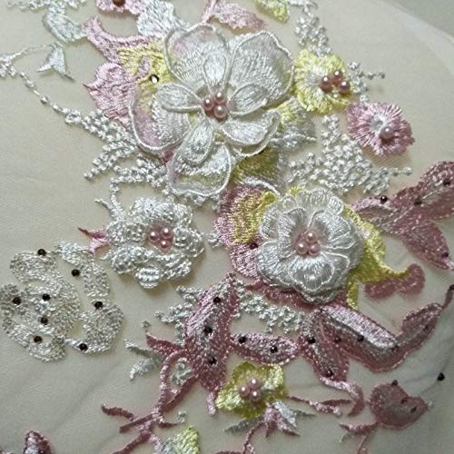 Embroidered Nail Bead Flower Patches | Tulle Applique For Wedding Dresses & DIY Clothing (Light Purple Pink, 13.4x5.9 Inch) - View #4
