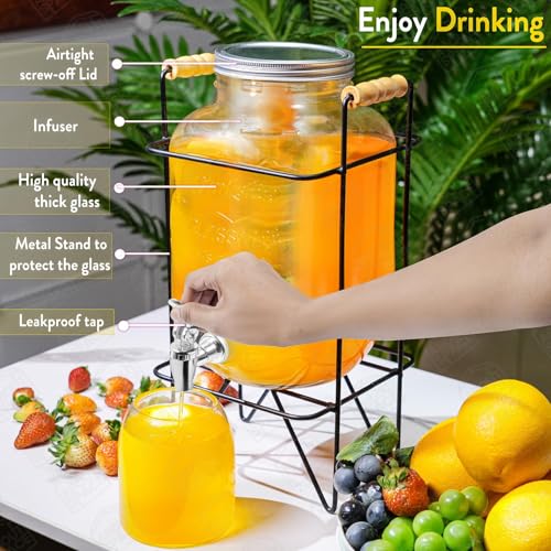 Image of Glass Beverage Dispenser with Metal Stand, 5 Liter Drink Container with Spigot and Wooden Handle Perfect ForJuice Infused Water Beer Dispenser Party,Bars,Home & Restaurants Set of 1