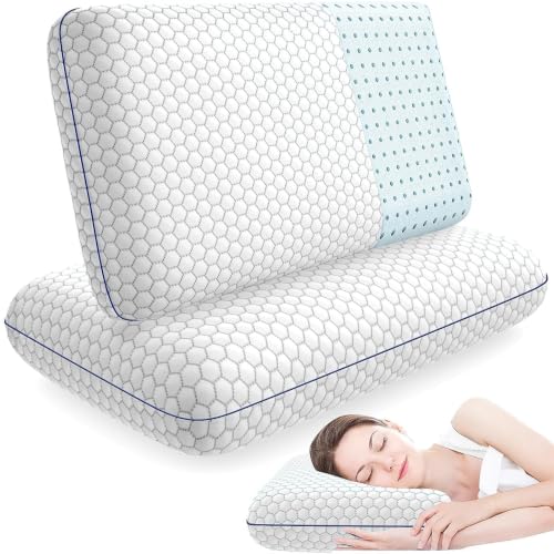 Image of CushyOasis 2 Pack Memory Foam Pillows for Side, Back and Stomach Sleepers, Bed Pillow with Washable Cover and Breathable Mesh, Bed Pillow for Sleeping, Grey, Standard Size