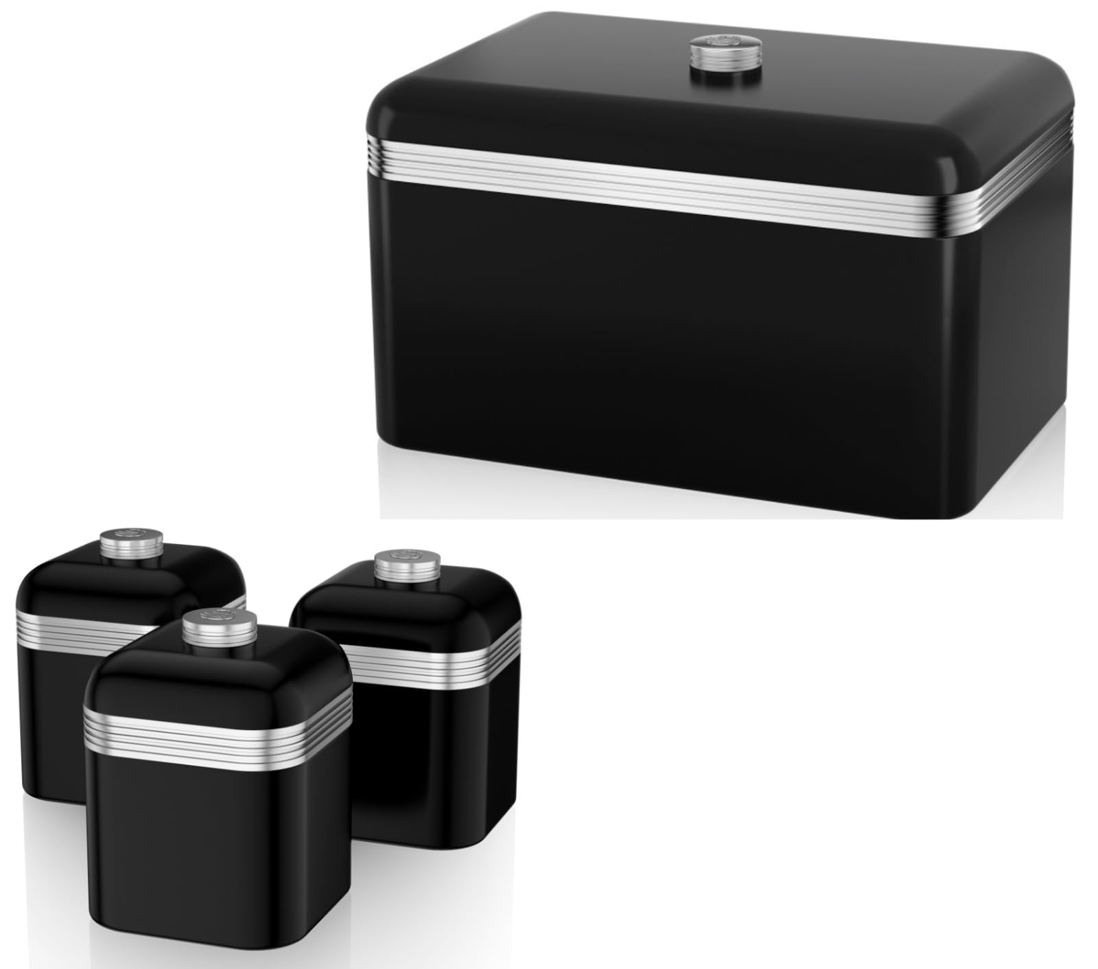 Swan Black Retro Bread Bin And Tea, Coffee, Sugar Canisters. Matching Retro Design Kitchen Storage Set In