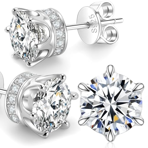 Moissanite Stud Earrings 1.2ct-2.4 ct DF Color Grade Round Cut Lab-Grown Moissanite Earrings 18K White Gold Plated Sterling Silver Friction Back for Women Men