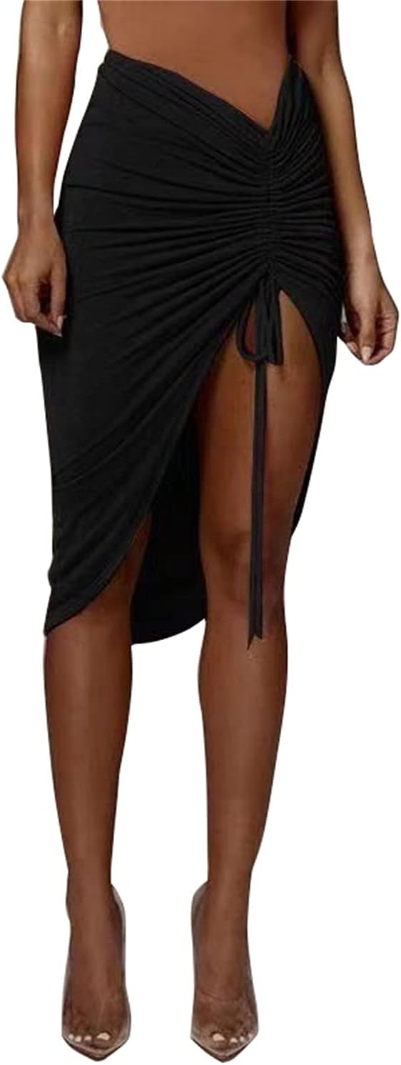 PRIMODA Women's Asymmetrical Bodycon Drawstring Ruched Midi Skirt with Thigh High Slit