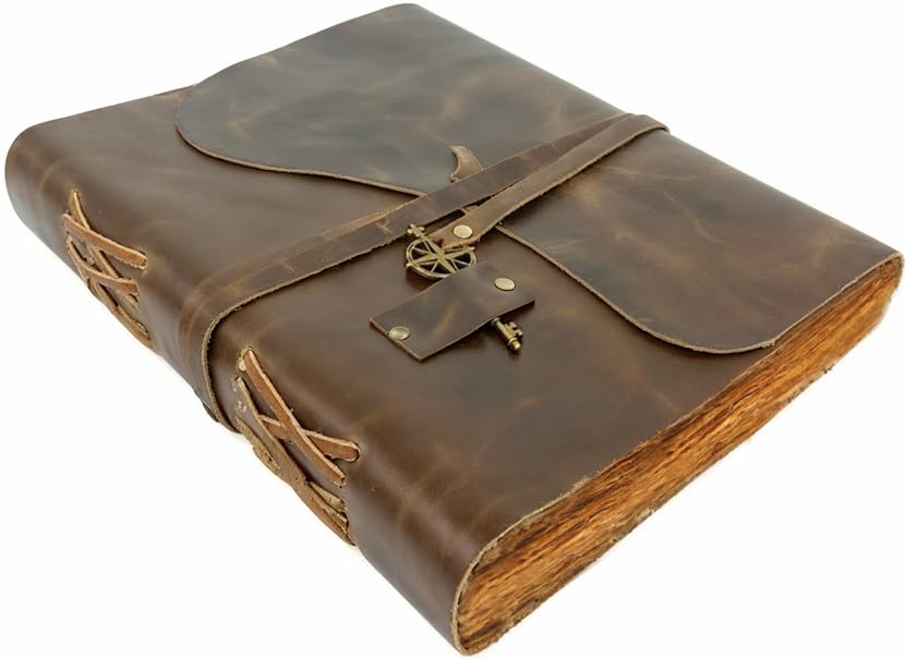 WANDERINGS Large Vintage Leather Journal - Antique Handmade Leather Bound Journal with Old Fashioned Deckle Edge Paper - Perfect for Writing a Grimoire Sketching as a Diary - 21x30 cm