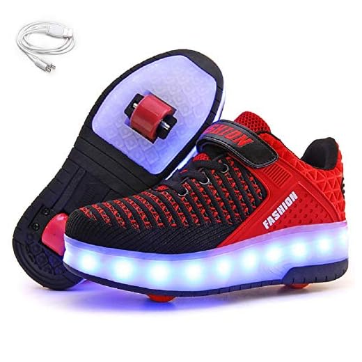 Ehauuo Kids Two Wheels Shoes with Lights Rechargeable Roller Skates Shoes Retractable Wheels Shoes LED Flashing Sneakers for Unisex Girls Boys Beginners Gift(1 M US Little Kid, B-Red)