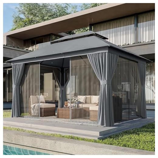 AOXUN Outdoor Gazebo for Patio 10x12, Metal Frame Canopy with Double Roofs, Heavy Duty Party Tent and Shelter with Mosquito Netting and Privacy Screen for Backyard, Lawn, Garden, Deck