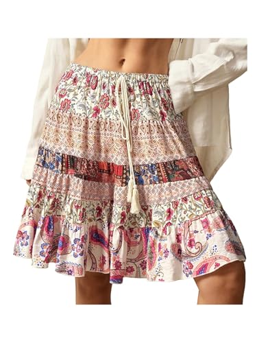 Women's Boho Floral Paisley Ruffle Skirts Drawstring Waist Knee Length Flowy Vacation Skirt