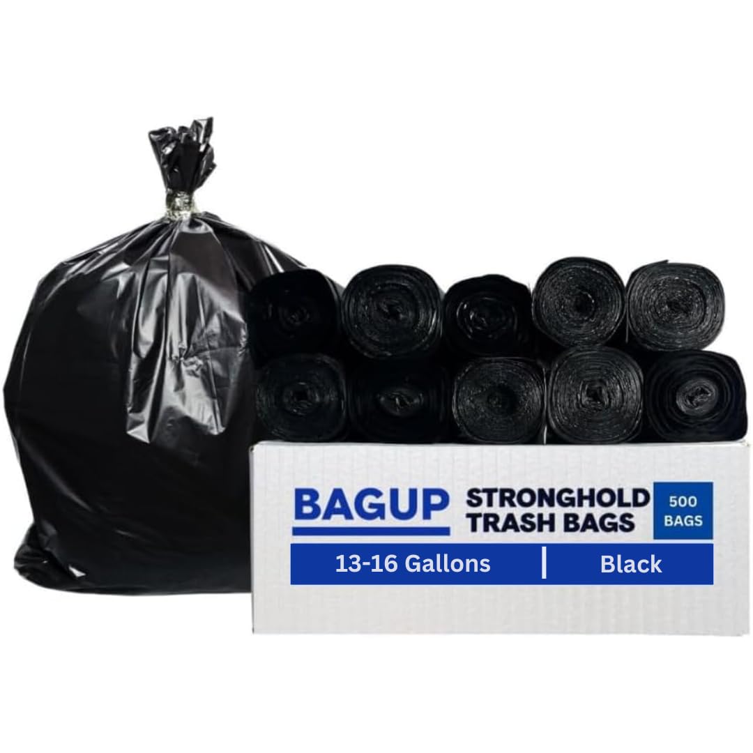 BAG UP Solutions Stronghold Trash Bags, Garbage Bags, Bin Liners, For Domestic & Office Use, 13-16 Gallons, 24 x 33 Inches, 500 Bags, Black