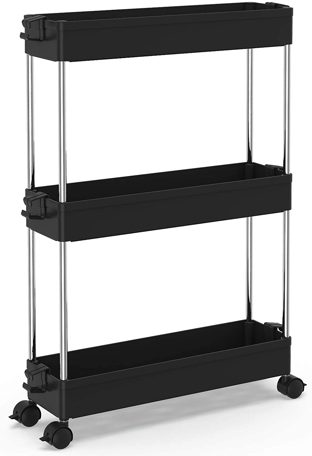 Zollyss Slim Storage Cart 3 Tier Mobile Shelving Unit Organizer Slide Out Storage Rolling Utility Cart Tower Rack for Kitchen Bathroom Laundry Narrow Places, Plastic & Stainless Steel, Black