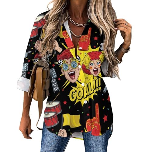 Adugen Origei Football Print Women Casual Button Down Shirts Work Office Travel Small