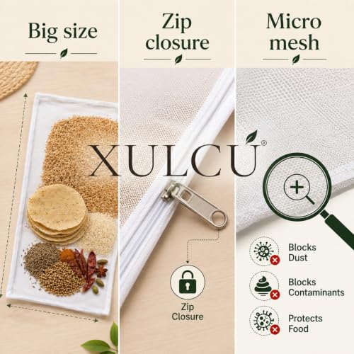 Image of FREE Oil Brush with XULCU 40 x26 cm Large Pure Cotton Papad & Vadagam Drying Cloth, Protective Zipper Net Cover, Reusable Breathable Sun Drying Sheet for Spices, Millets & Grains, Pack of 1 (Beige)