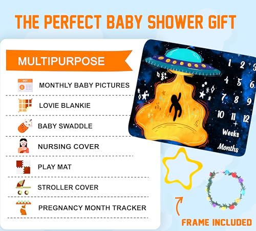 Image of UFO Baby Monthly Milestone Blanket, 48x48in Soft Flannel, Alien Round Spaceship, Newborn Mom Gifts, Baby Shower Age Growth Tracker with Bonus Maker (White Blue, 48x48in)