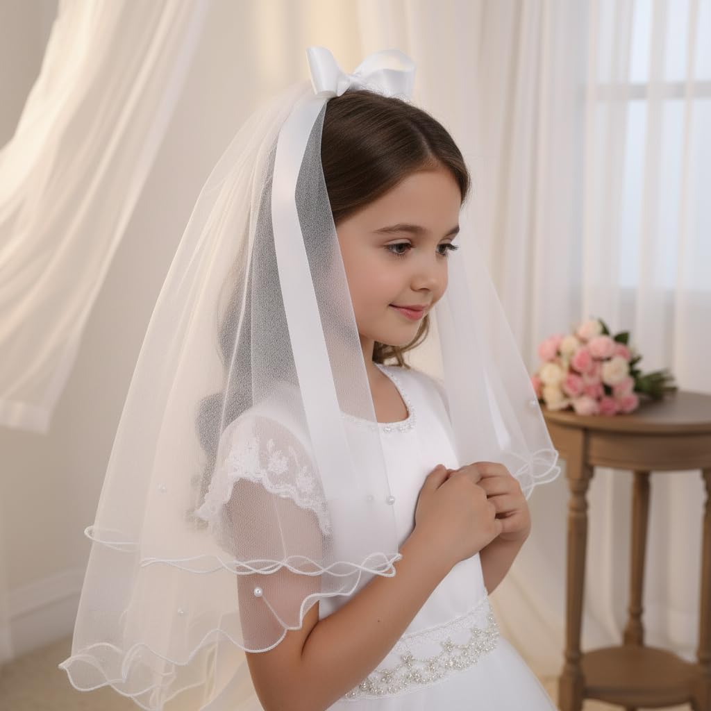 Girl First Communion Veils Flower Bow Cross White Lace Headband Floral Wedding Prom Church Catholic Baptism Veil
