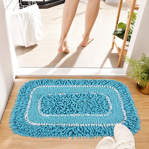 Image of Kuber Industries 24x16 Inches Durable Super Soft Door Mats for Home | Rainy Season Mats for Floor & Footmats for Bedroom, Kitchen & Balcony | Shaggy- Blue & White