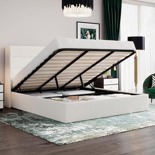 SHA CERLIN King Size Lift Up Storage Bed/Velvet Upholstered/Modern Wingback Headboard/Upholstered Platform Bed Frame/Hydraulic Storage/No Box Spring Needed/White