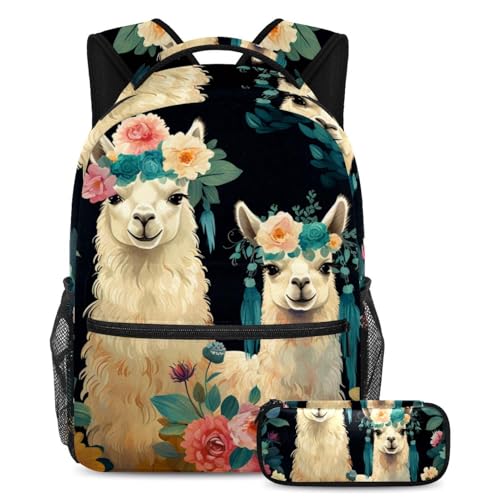 Sac à dos Art Fleurs Alpaga Large avec trousse assortie pour écoliers et adolescents