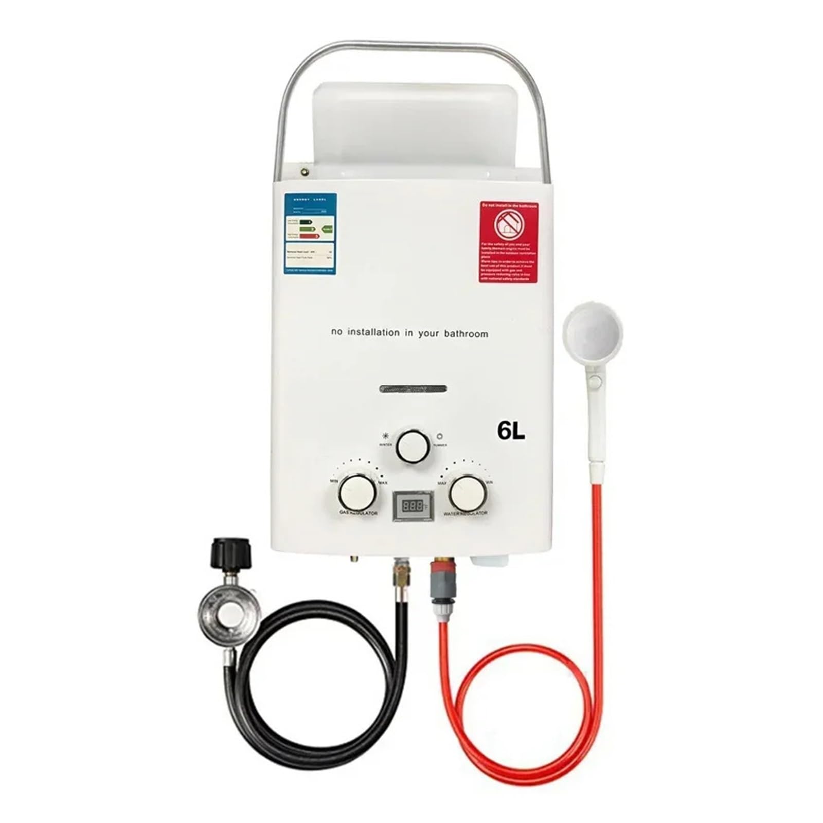 LPG Propane Gas Tankless Water Heater 6L Outdoor Camping Instant Heating Bath with Shower Head Hot Water Heater Car Truck Tent(Nero)