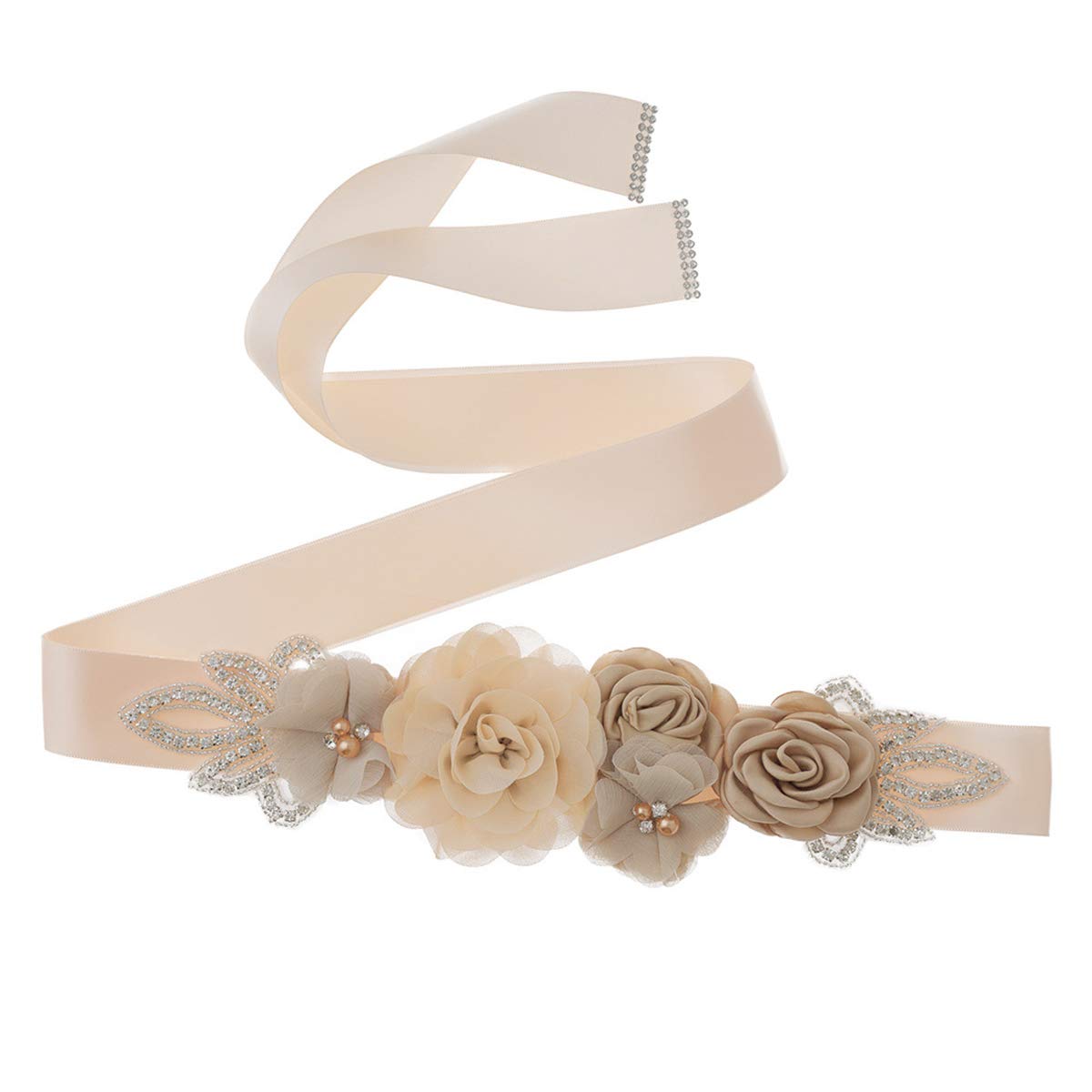 Lauthen.S Sash Belt with Flowers Pearls Rhinestone for Wedding Bride/Baby Shower Dress, khaki, One size