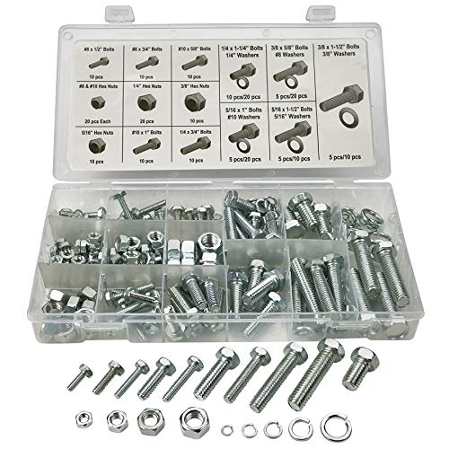 Katzco 240 Piece Standard Nuts and Bolts Set - Zinc Oxide Finish Bolts, Hex Nuts, and Washers - Assorted Kit - Resealable Plastic Case
