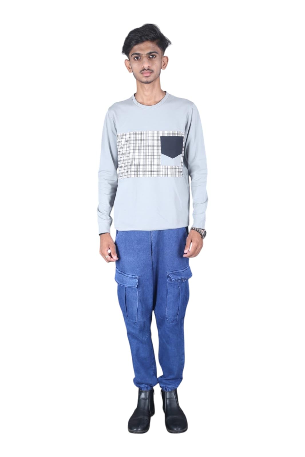 Men's Long Sleeve Crew Neck T-Shirt With Checkered Pocket Detail and Cargo Pants.-picture-33