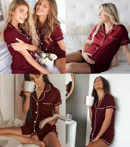 Image of SWOMOG Womens Button Down Pajamas Set Short Sleeve Sleepwear Bride Soft Pj Lounge Sets XS-3XL