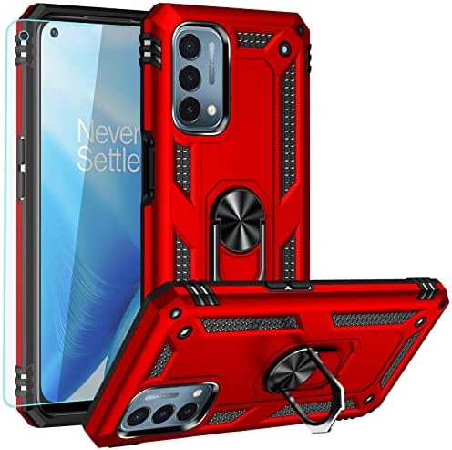 YZOK Compatible with OnePlus Nord N200 5G Case,with HD Screen Protector, [Military Grade] Ring Car Mount Kickstand Hybrid Hard PC Soft TPU Shockproof Protective Case for OnePlus Nord N200 5G (Red)