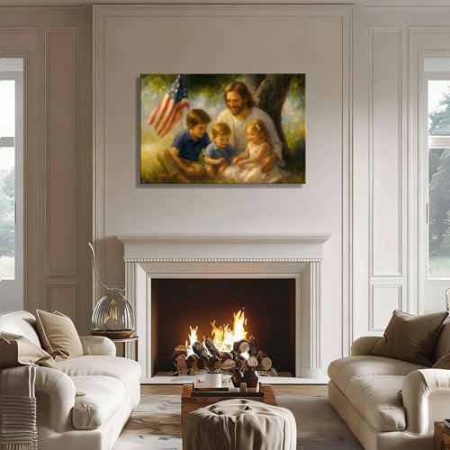 Image of RIBNTAK Made in USA Patriotic Christian Wall Art, Jesus with Kids and US Flag Canvas Print, Inspirational Religious Home Decor for 4th of July, Memorial Day, and Christian Family Gifts