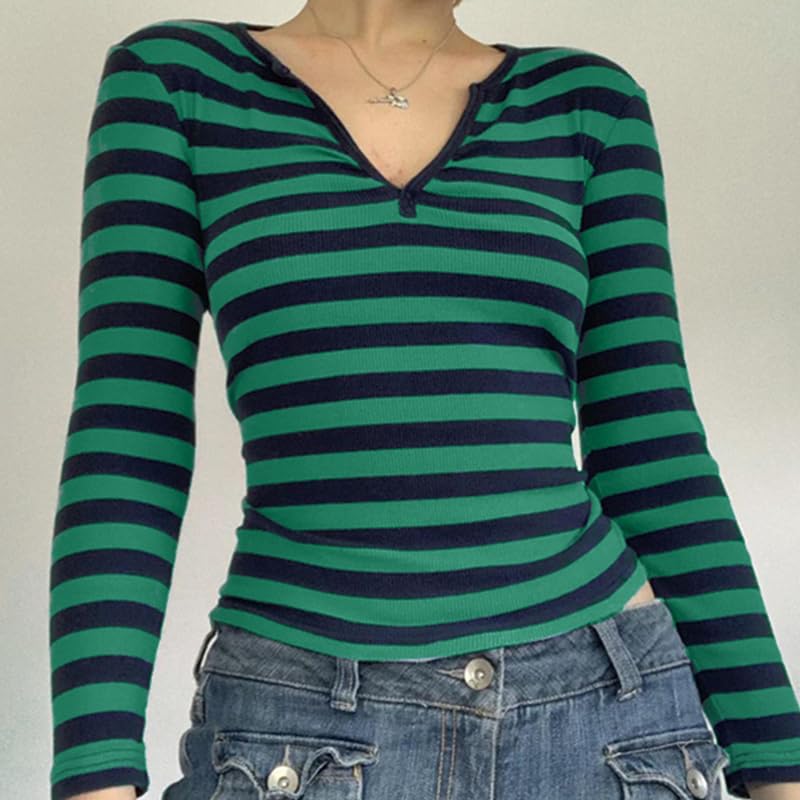Image of Women Off Shoulder Striped Long Sleeve Top 2026 Fall Going Out Tee Shirts