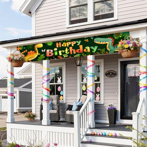 Image of Dinosaur Birthday Outdoor Banner 78.7 x 17.7 Inch Green Jungle Cartoon Dinosaur Pattern Party Decoration for Yard Garden Fence Porch Patio or Outdoor Celebration Display