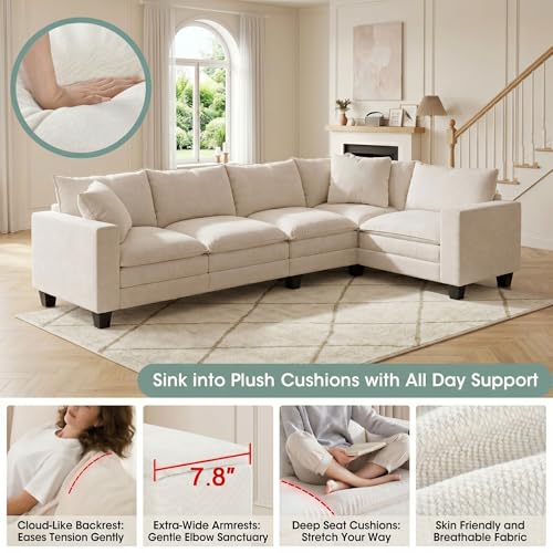 Image of 97 inch L Shaped Sectional Couch, Comfy Chenille Cloud Couch, Convertible V Shaped Corner Couch, 5 Seat Modular Cloud Sofa with 2 Pillows & Storage Armrests, Sectional Couches for Living Room, Beige