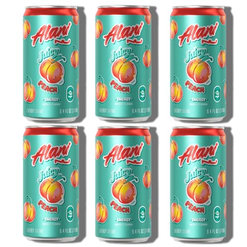 New Alani Mini Energy Drinks, Juicy Peach Flavor, Sugar Free, Low Calorie, 100 mg Caffine, Energy Boost Drinks 8.4oz Cans (6 pack)