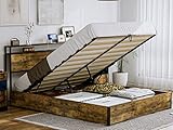 IKIFLY Queen Size Lift Up Storage Bed - Metal Queen Platform Bed Frame with 2-Tier Storage Shelf Headboard & Charging Station, Solid Wood Slats, No Box Spring Needed/Easy Assembly - Rustic Brown