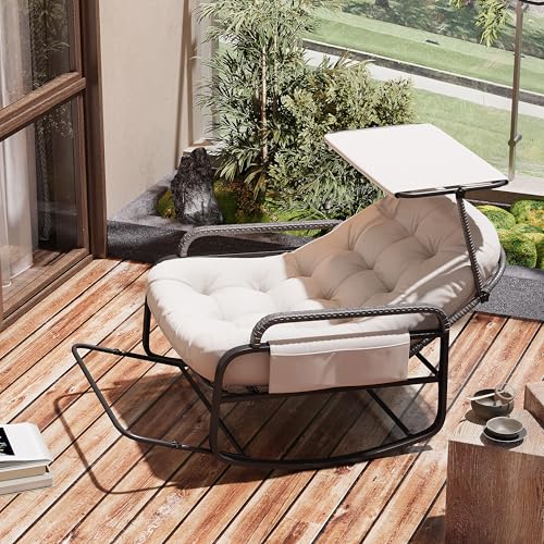 Sillón mecedora exterior interior, silla de salón de ratán PE con cojín acolchado y toldos, mecedora para dormitorio, salón, jardín, terraza (Beige)