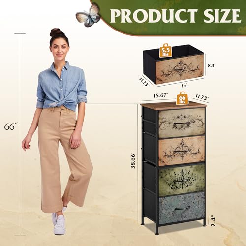 Image of WLIVE Dresser with 4 Drawers, Storage Tower, Organizer Unit, Fabric Dresser for Bedroom, Hallway, Entryway, Closets, Sturdy Steel Frame, Wood Top, Easy Pull Handle, Pattern